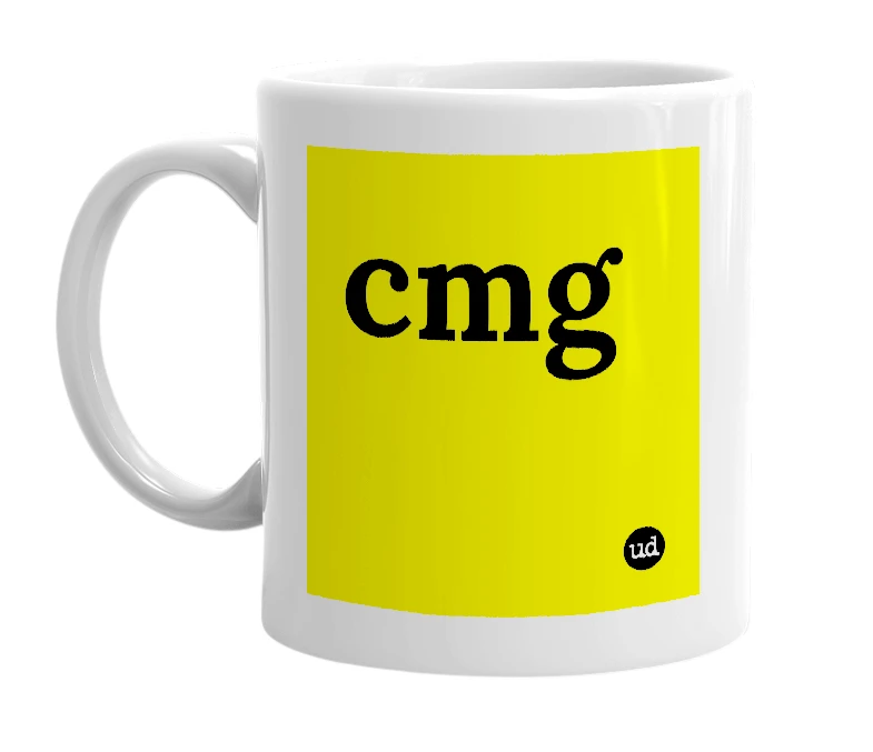 White mug with 'cmg' in bold black letters