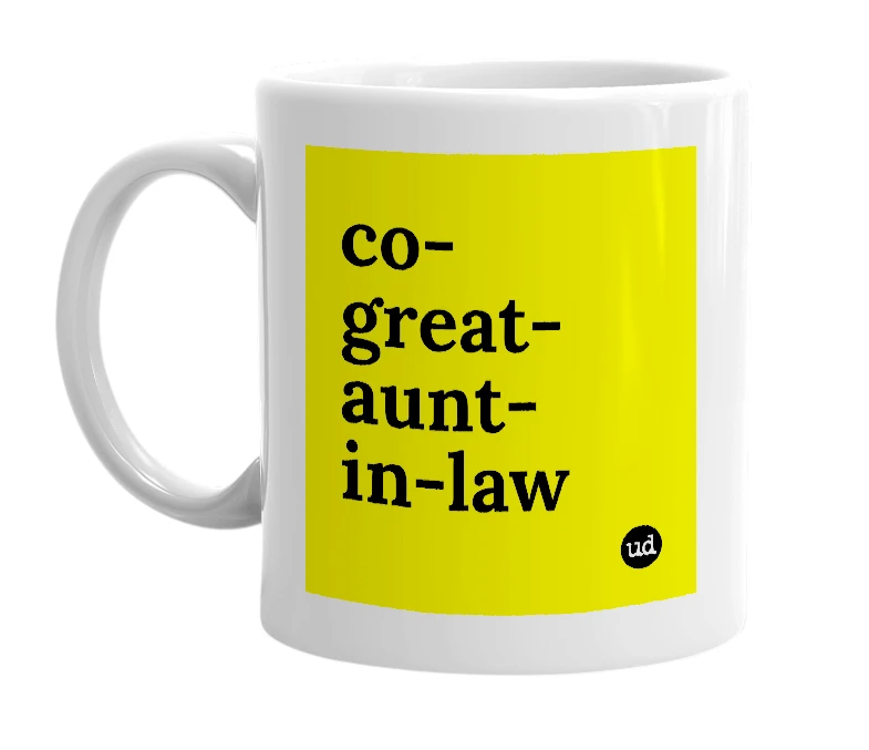 White mug with 'co-great-aunt-in-law' in bold black letters