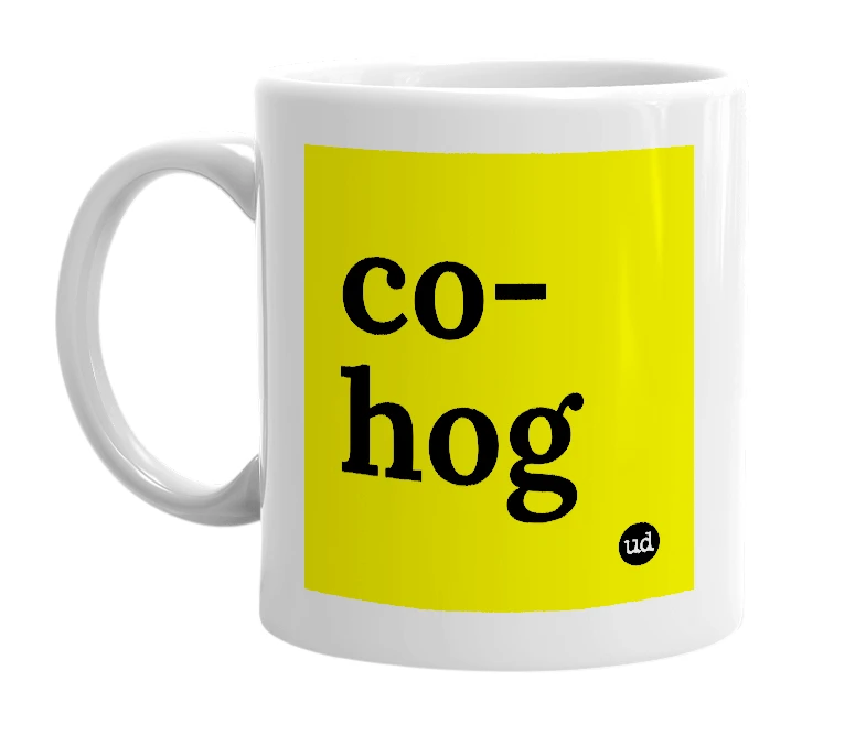 White mug with 'co-hog' in bold black letters