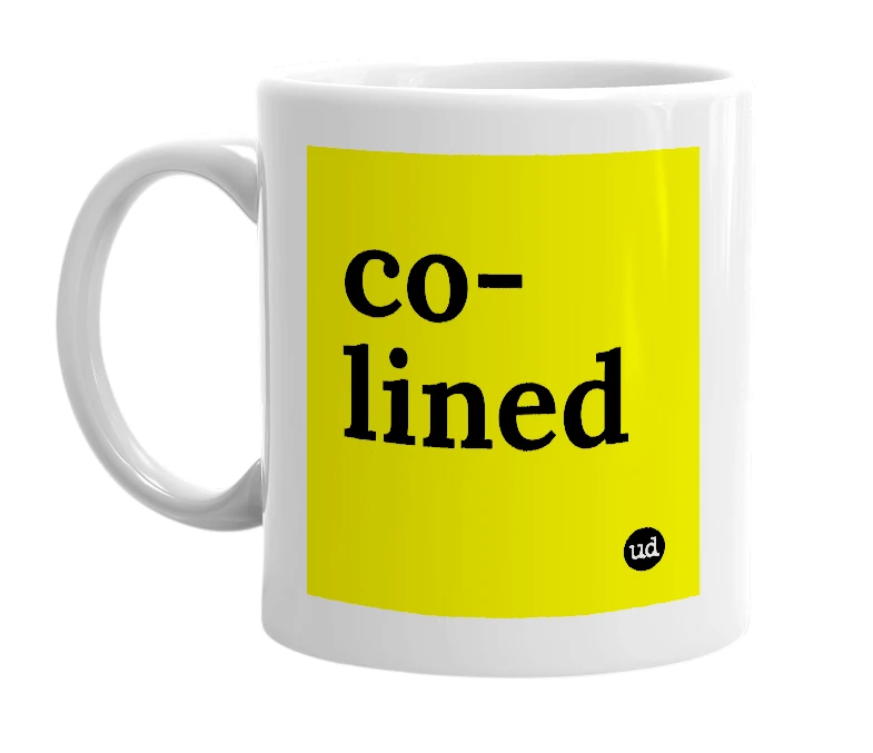 White mug with 'co-lined' in bold black letters
