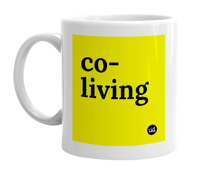 White mug with 'co-living' in bold black letters