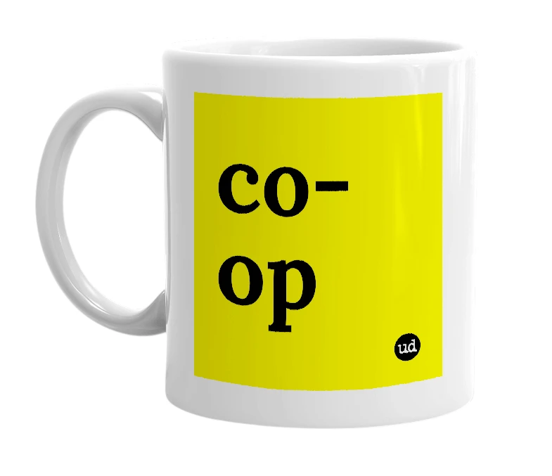 White mug with 'co-op' in bold black letters