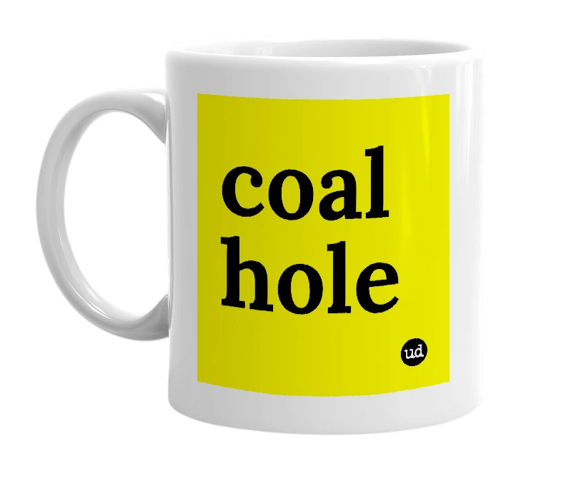 White mug with 'coal hole' in bold black letters