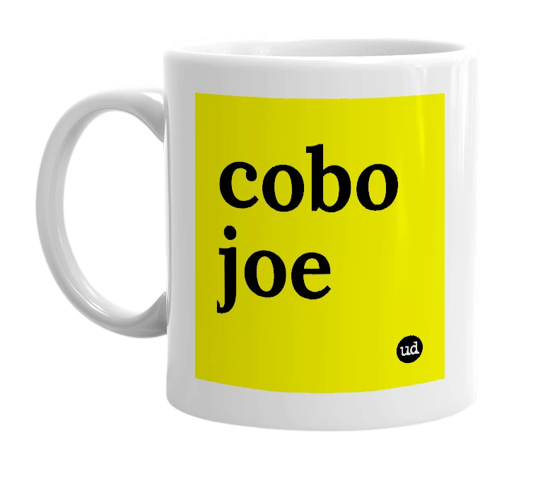 White mug with 'cobo joe' in bold black letters