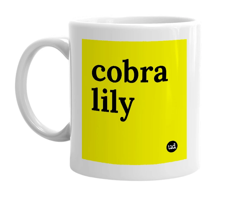 White mug with 'cobra lily' in bold black letters