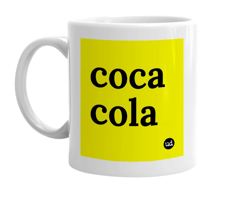 White mug with 'coca cola' in bold black letters