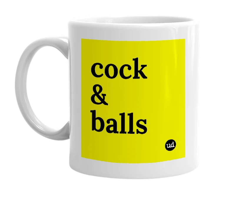 White mug with 'cock & balls' in bold black letters