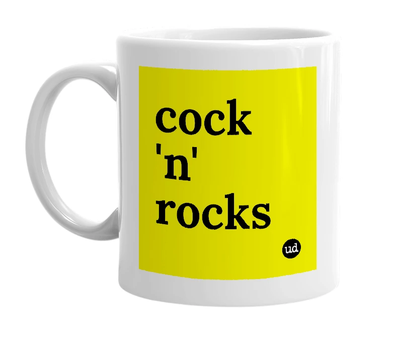 White mug with 'cock 'n' rocks' in bold black letters