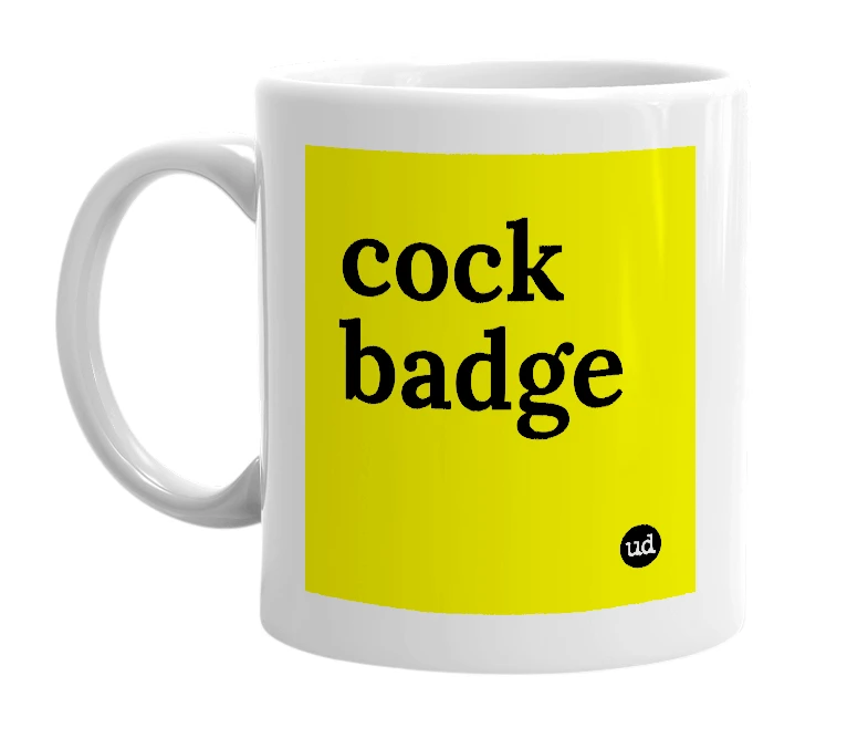 White mug with 'cock badge' in bold black letters