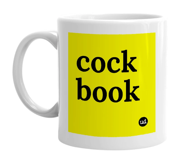 White mug with 'cock book' in bold black letters