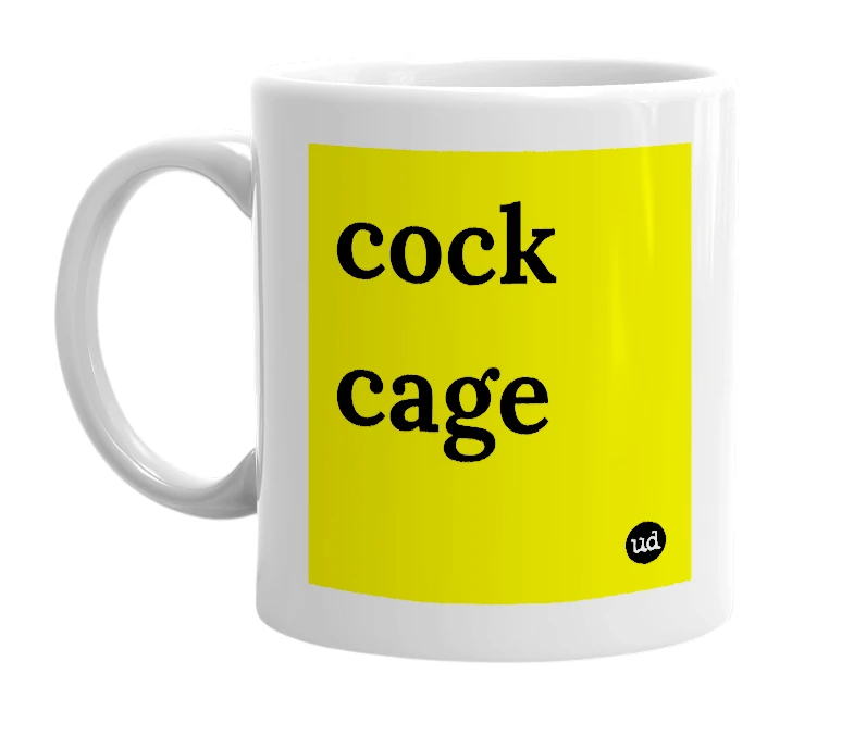 White mug with 'cock cage' in bold black letters