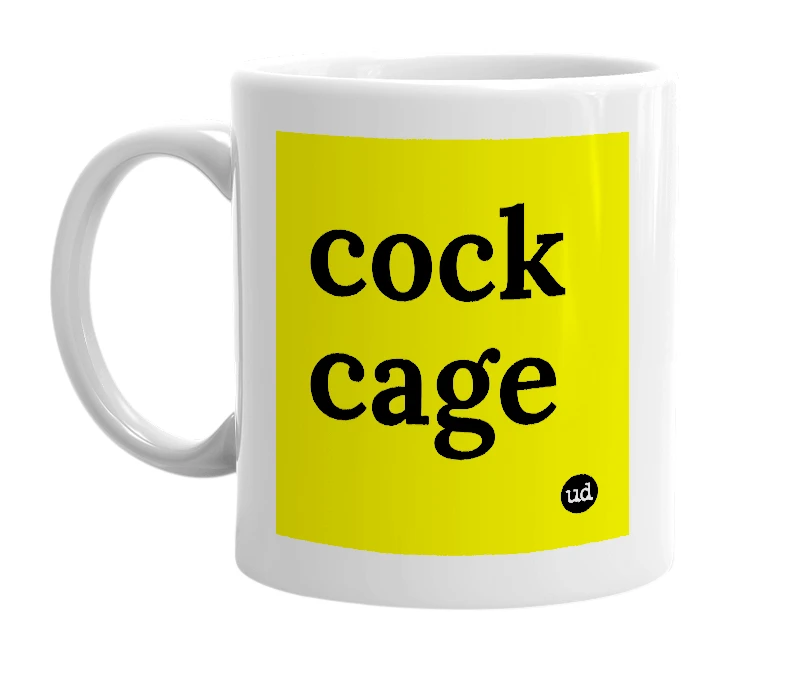 White mug with 'cock cage' in bold black letters