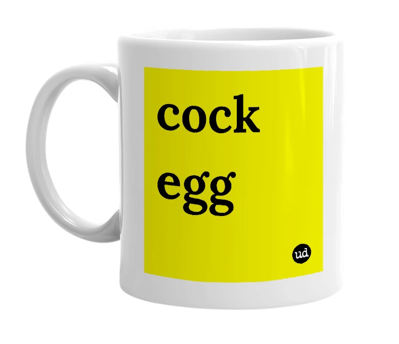 White mug with 'cock egg' in bold black letters