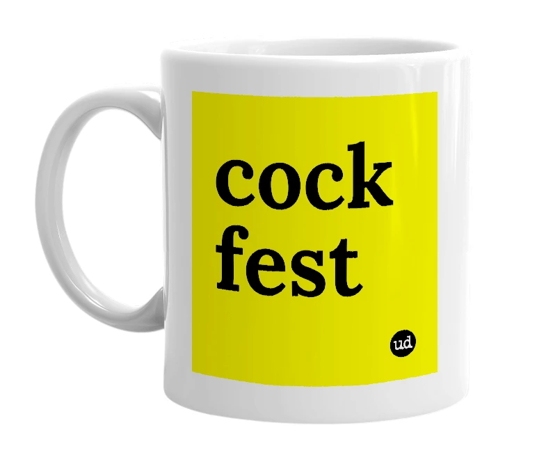 White mug with 'cock fest' in bold black letters