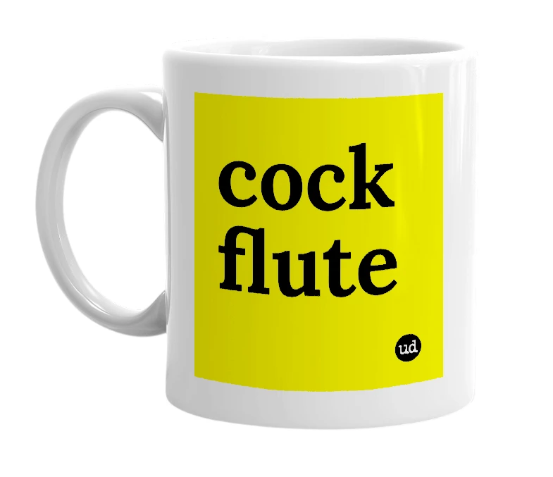 White mug with 'cock flute' in bold black letters