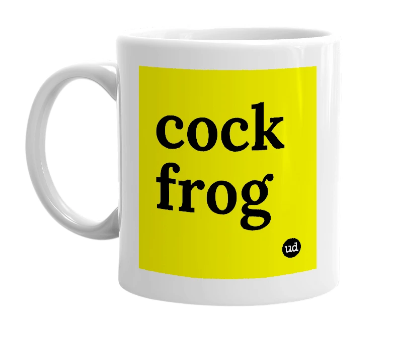 White mug with 'cock frog' in bold black letters