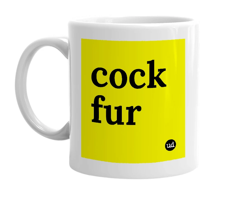 White mug with 'cock fur' in bold black letters