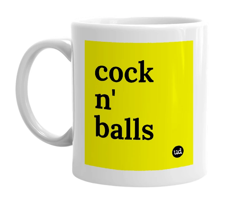 White mug with 'cock n' balls' in bold black letters
