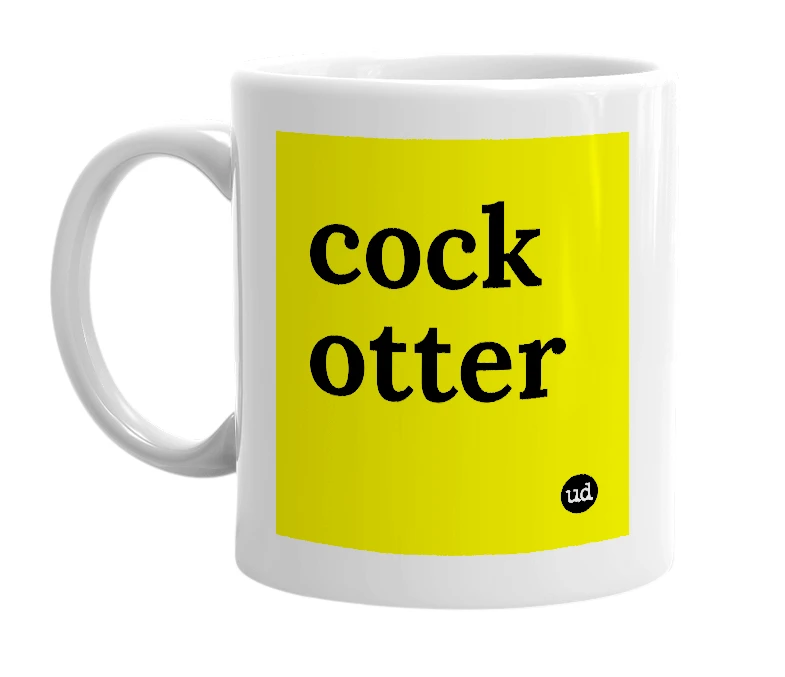 White mug with 'cock otter' in bold black letters