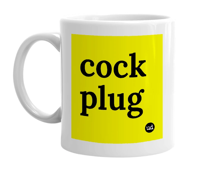 White mug with 'cock plug' in bold black letters