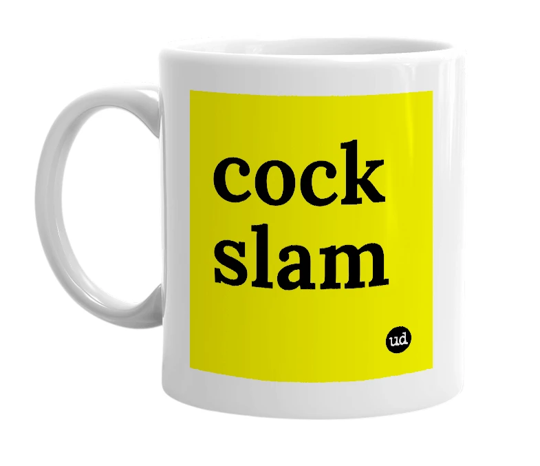 White mug with 'cock slam' in bold black letters