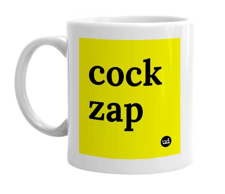 White mug with 'cock zap' in bold black letters