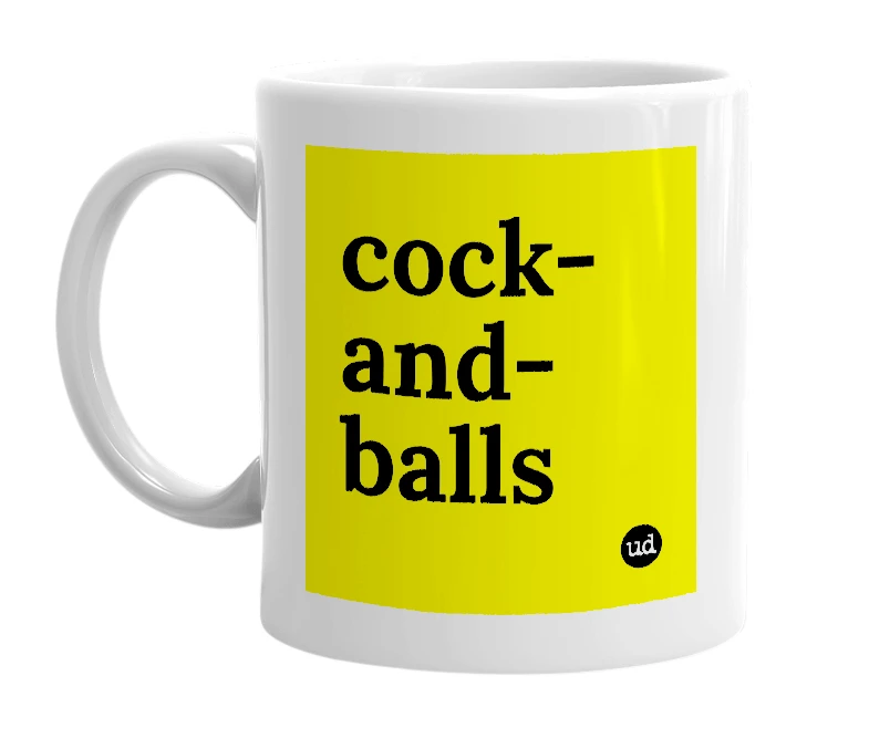 White mug with 'cock-and-balls' in bold black letters