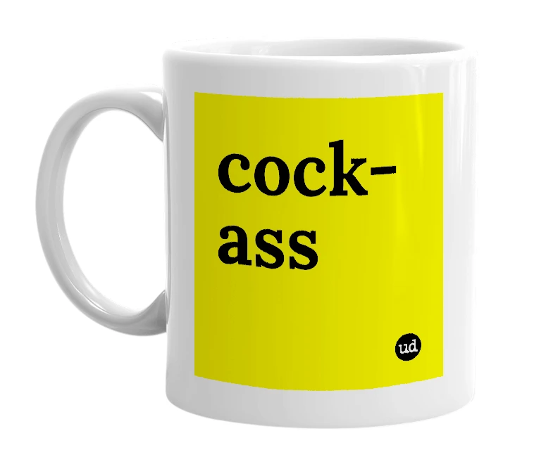 White mug with 'cock-ass' in bold black letters
