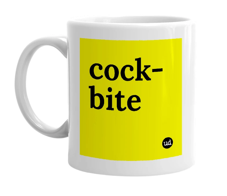 White mug with 'cock-bite' in bold black letters
