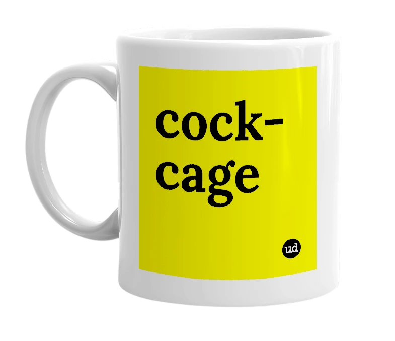 White mug with 'cock-cage' in bold black letters
