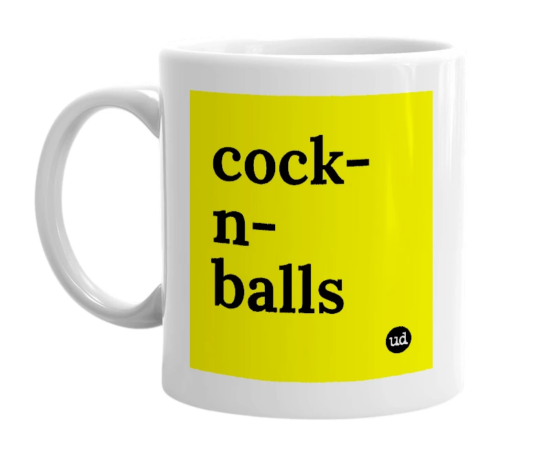 White mug with 'cock-n-balls' in bold black letters