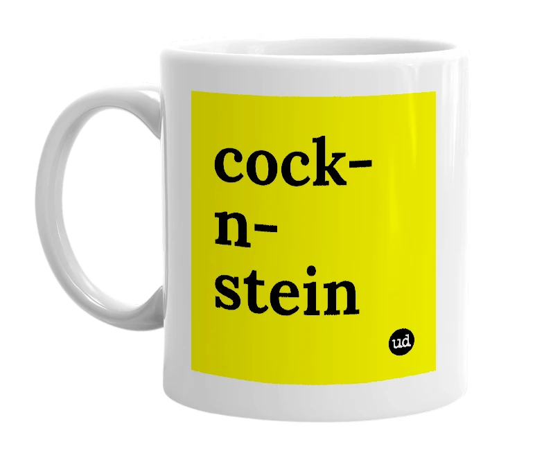 White mug with 'cock-n-stein' in bold black letters