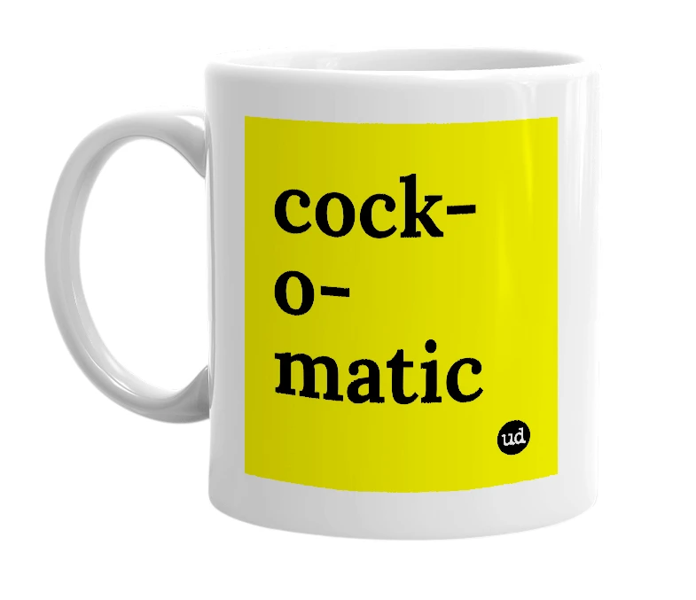 White mug with 'cock-o-matic' in bold black letters