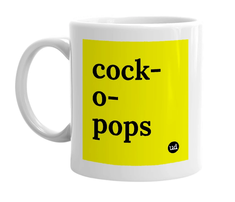 White mug with 'cock-o-pops' in bold black letters