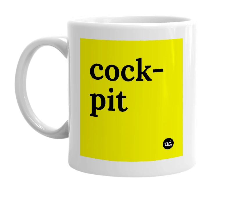 White mug with 'cock-pit' in bold black letters