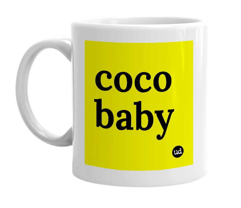 White mug with 'coco baby' in bold black letters