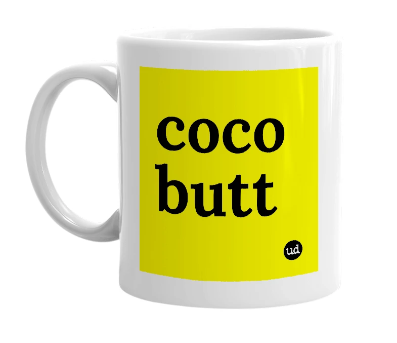 White mug with 'coco butt' in bold black letters