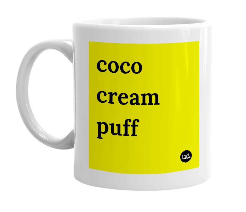White mug with 'coco cream puff' in bold black letters