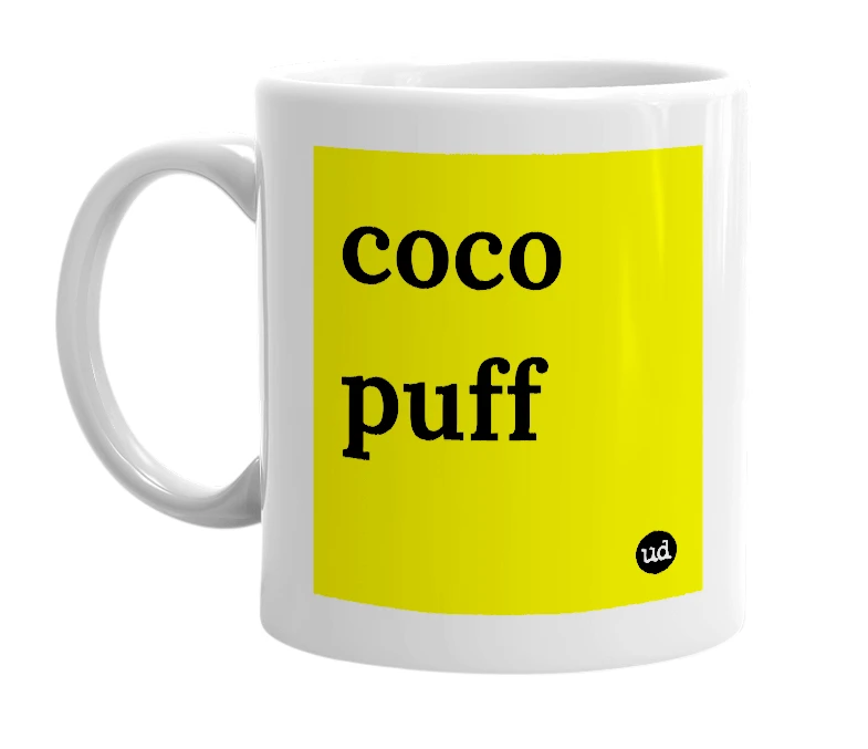 White mug with 'coco puff' in bold black letters