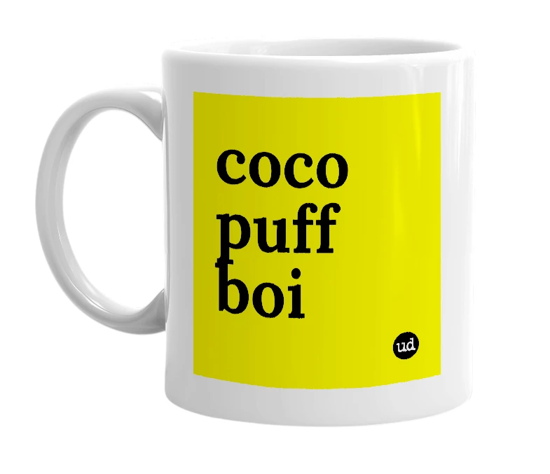 White mug with 'coco puff boi' in bold black letters