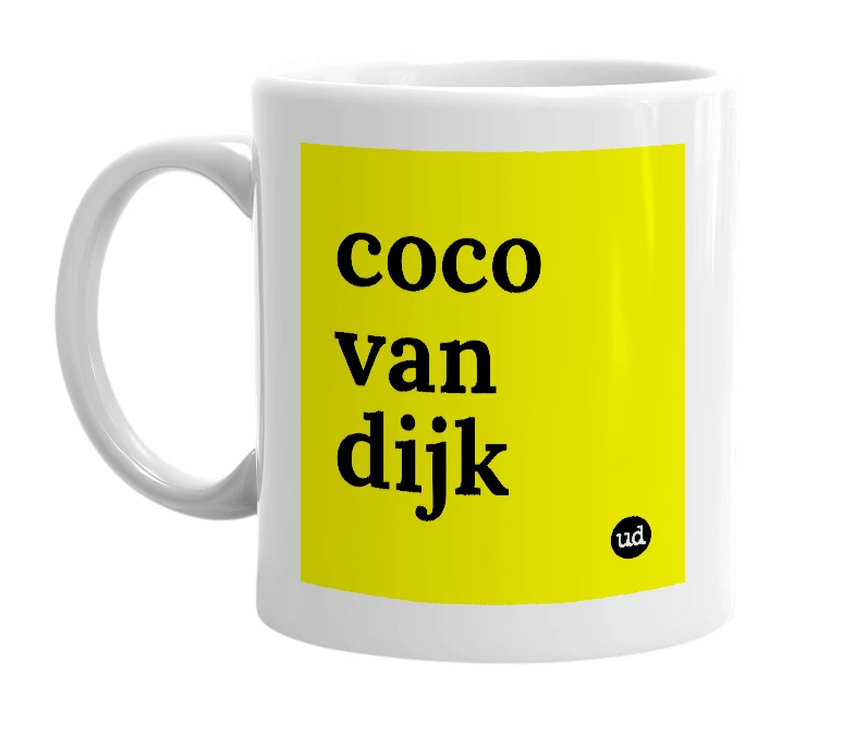 White mug with 'coco van dijk' in bold black letters