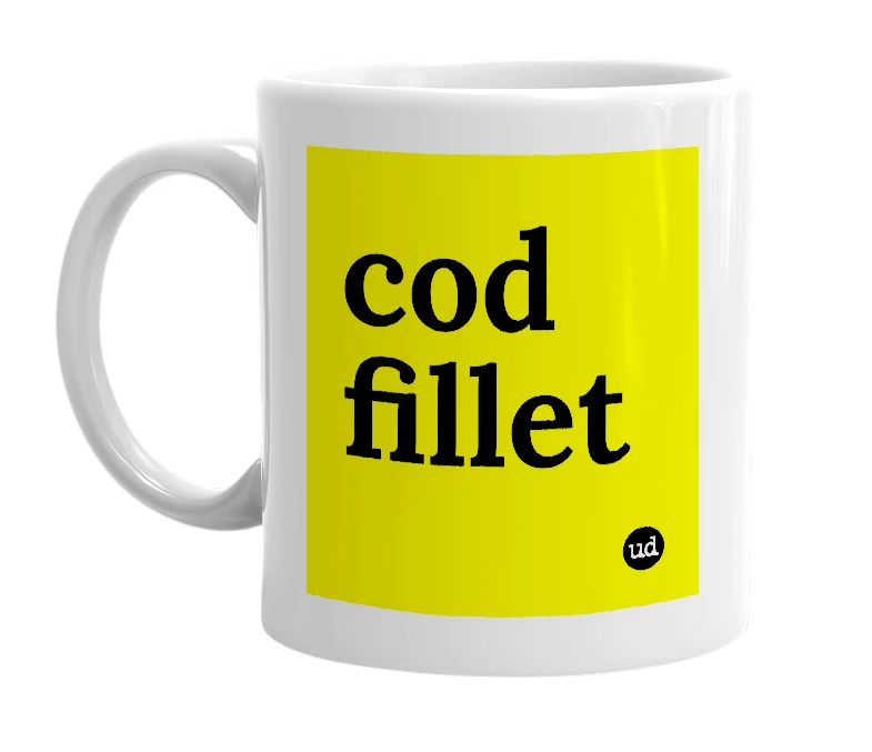 White mug with 'cod fillet' in bold black letters