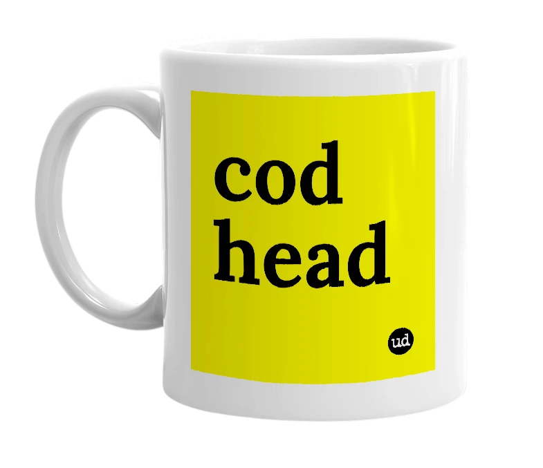 White mug with 'cod head' in bold black letters