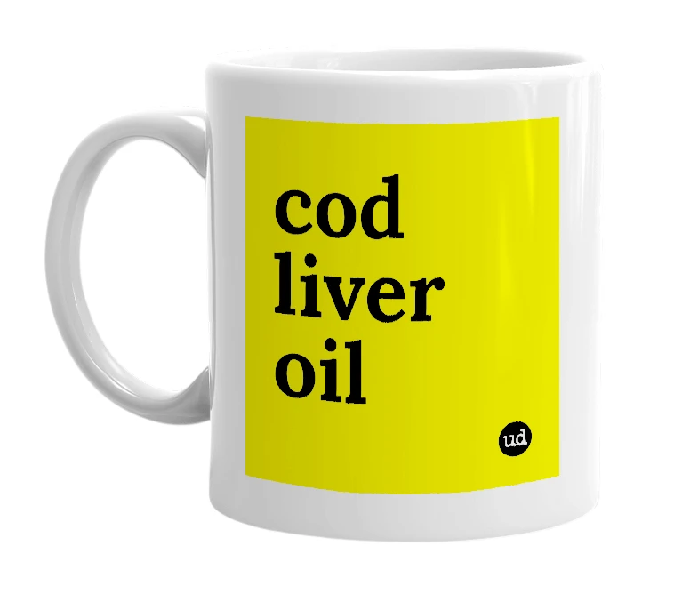 White mug with 'cod liver oil' in bold black letters