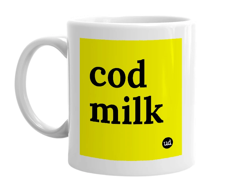 White mug with 'cod milk' in bold black letters