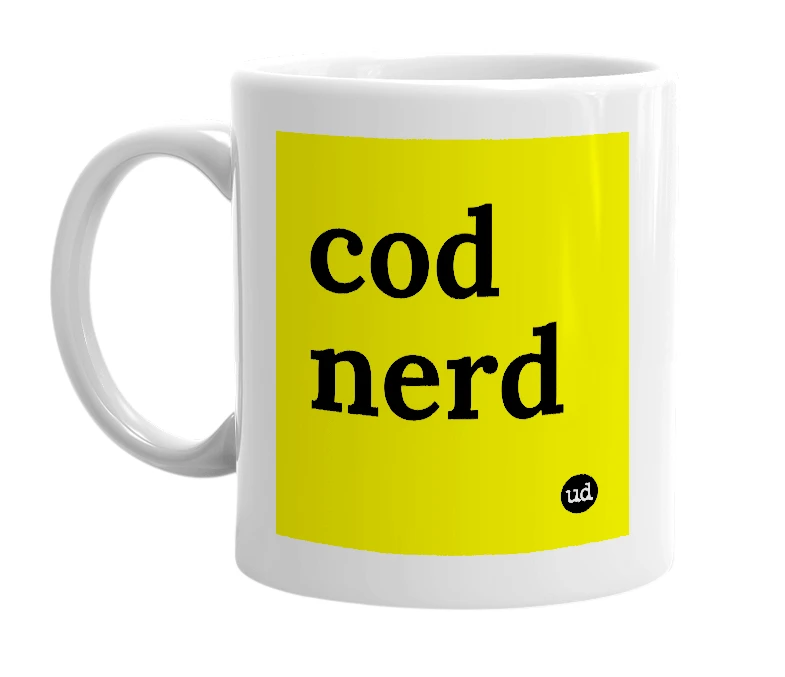 White mug with 'cod nerd' in bold black letters