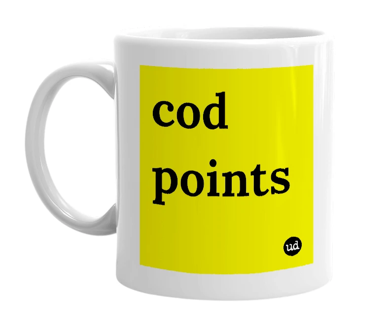 White mug with 'cod points' in bold black letters