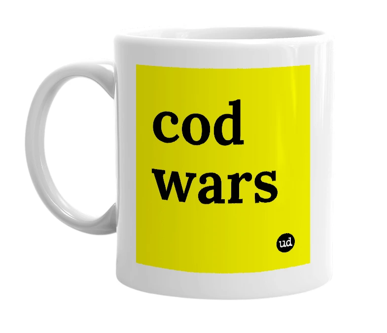 White mug with 'cod wars' in bold black letters