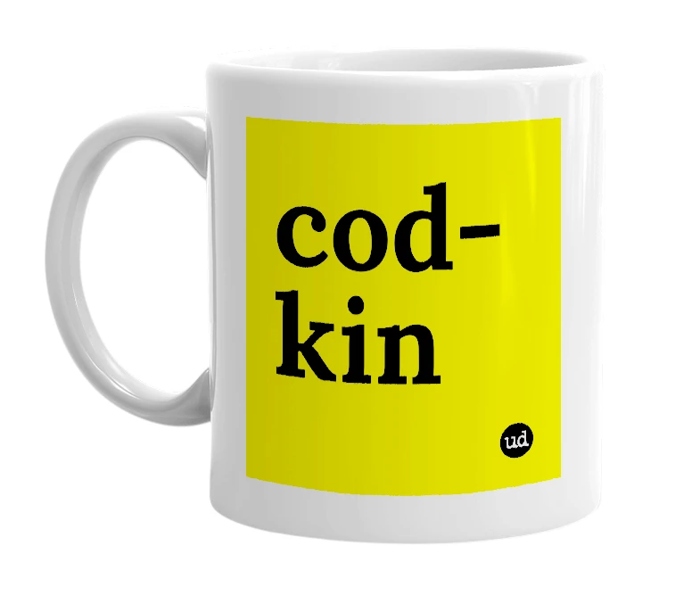 White mug with 'cod-kin' in bold black letters