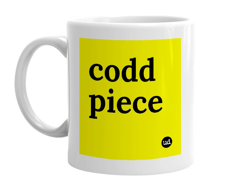 White mug with 'codd piece' in bold black letters